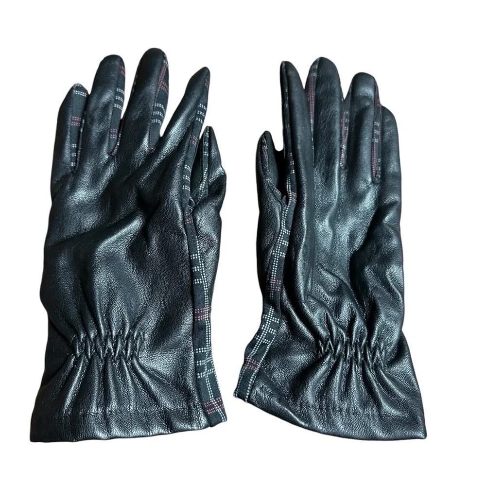 Women's Black Faux Leather and Plaid Stretch Gloves, L/XL